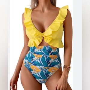 One Piece Swimsuit Ruched Tummy Control Ruffle Bathing Suit Women's Size M